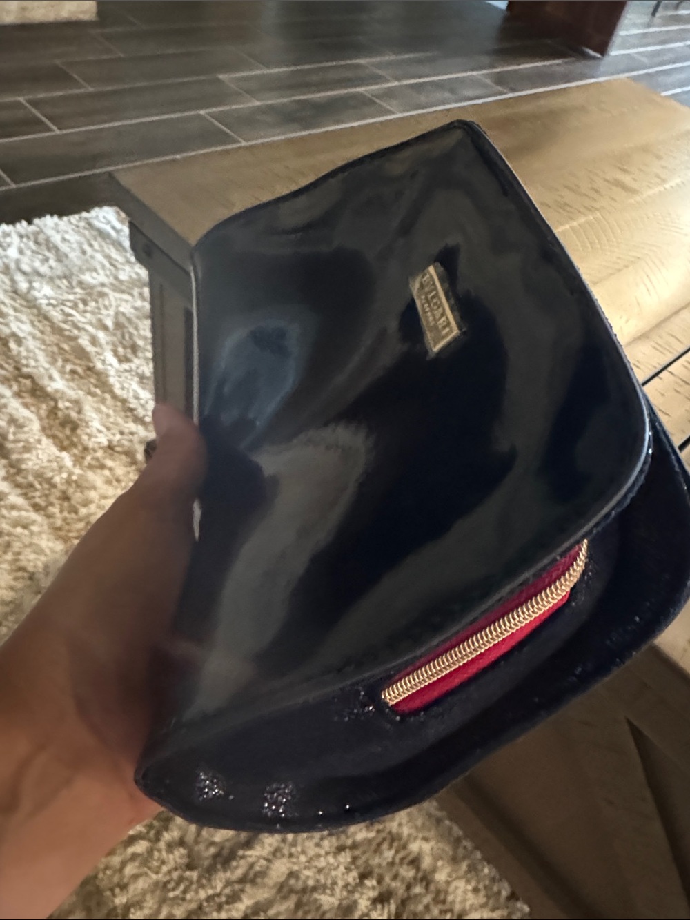 BVLGARI Navy Patent MAKEUP bag with Pink Zip Accent